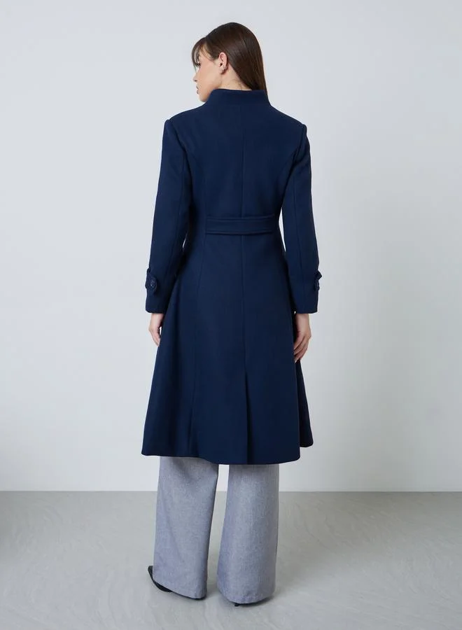 Styli  Navy Blue Slim Fit Wool Like Coat for Women | Best Price UAE