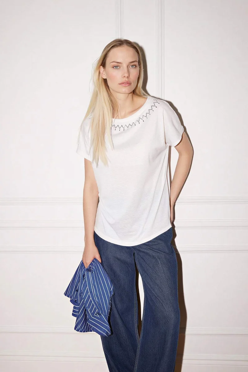 ديفاكتو Boat Neck Stone Print Short Sleeve T-Shirt