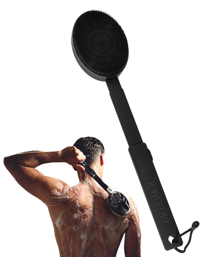 Black Wolf Silicone Body Scrubber & Exfoliator - Vibrating Loofah Shower Scrubber Brush with Handle Extension for Back - Deep Cleaning & Exfoliating Body Scrub - Bath Hygiene Essentials - Men & Women - Image 1