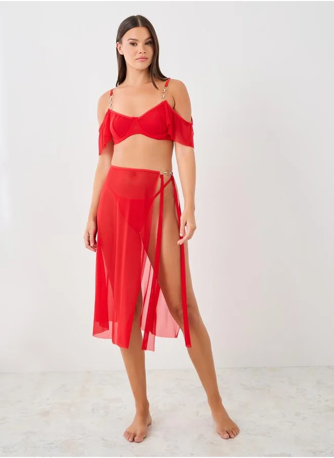 Styli Styli Metal Ring Strap Non-Wired Padded Bra, Wrap Skirt and Briefs Set