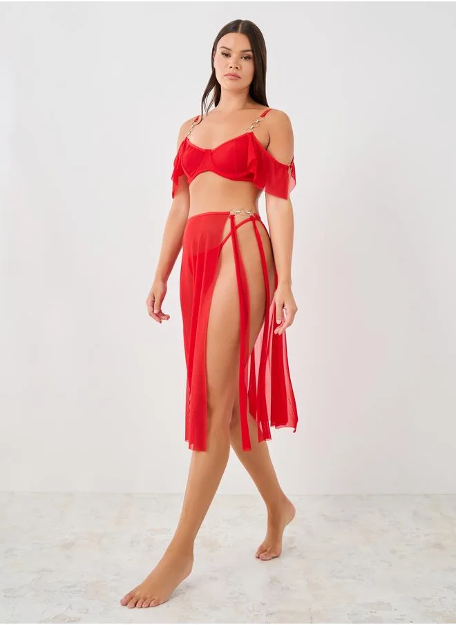 Styli Styli Metal Ring Strap Non-Wired Padded Bra, Wrap Skirt and Briefs Set