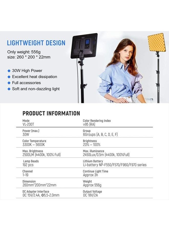 VILTROX 2 Packs LED Video Light kit with Light Stand and Wireless Remote, 30W/2450Lux Dimmable 3300K-5600K LED Panel Lights CRI 95+ for Photography Video Portrait Conference Vlog Streaming（VL-200T）  - Image 2