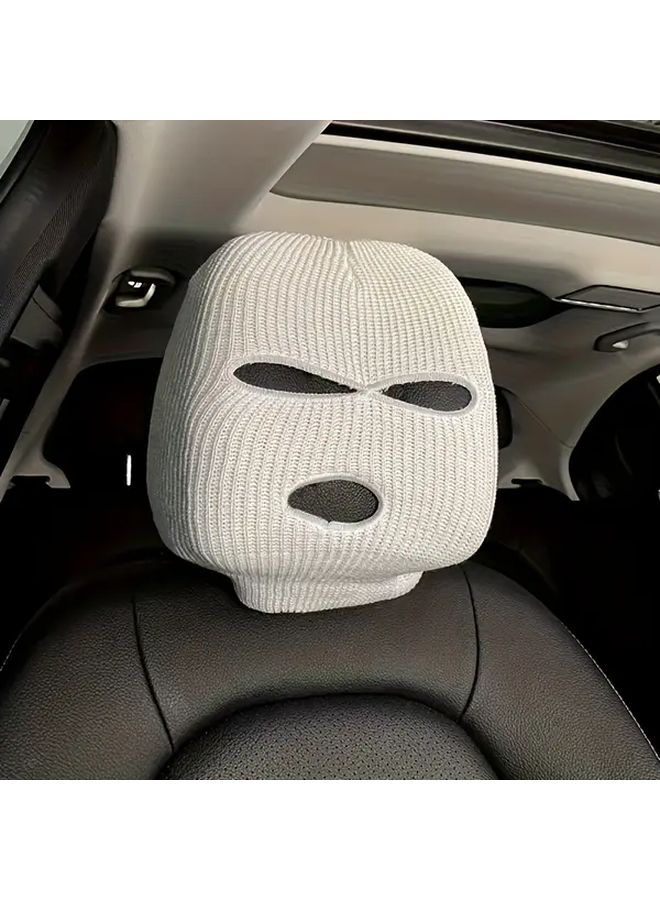 2Pcs White Car Headrest Seat Covers With Funny Knit Hats And Face Masks - Image 5