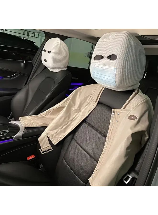 2Pcs White Car Headrest Seat Covers With Funny Knit Hats And Face Masks - Image 1