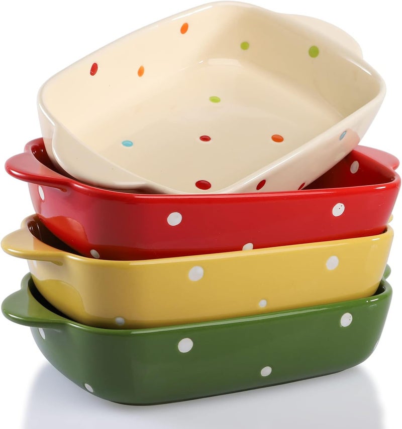 AVLA Set of 4 Ceramic Small Casserole Dishes, 7"x5" Porcelain Roasting Lasagna Pan, Individual Casserole Dishes Bakeware with Handle Rectangular Dish, Ceramic Baking Dish for Oven, 20 Oz, Polka Dot, Assorted Color - Image 1