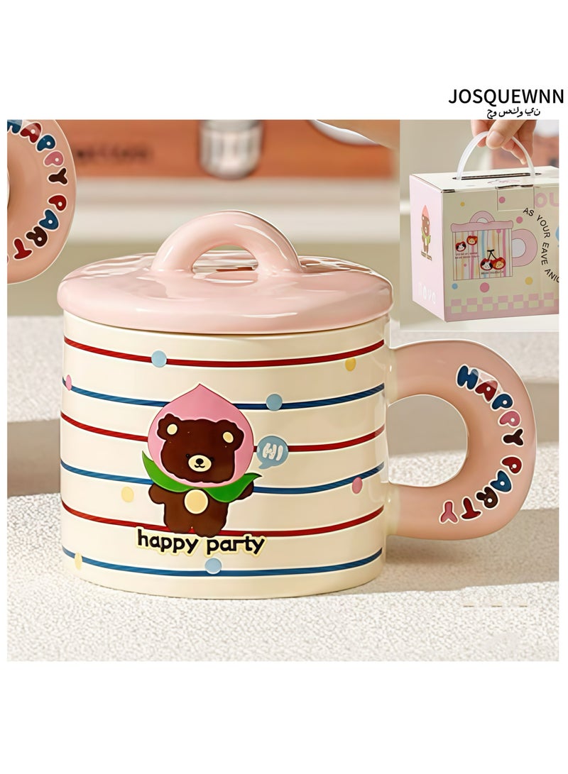 جوسكوين كوب قهوة سيراميك على شكل دب صغير كرتوني وكوب قهوة بقلب بناتي مع غطاء، كوب شاي بتصميم لطيف ورائع للمكتب والمنزل، وتغليف فاخر في صندوق هدايا للمناسبات والعطلات، ومفاجآت أعياد الميلاد والاستخدام اليومي. - Image 1