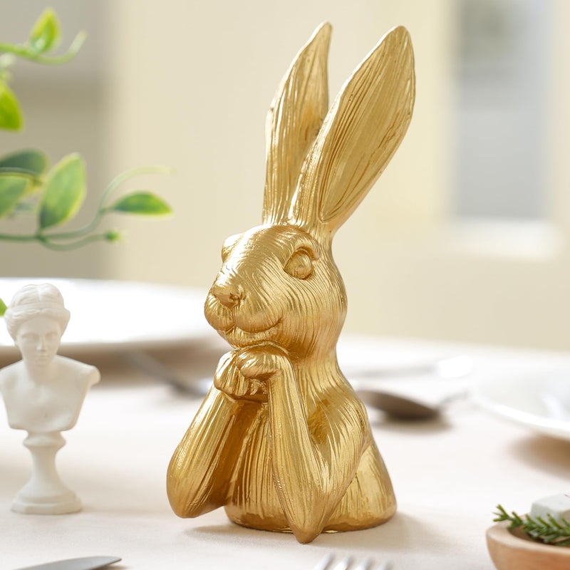 AOMOONOA Gold Bunny Statue, Resin Easter Bunny Figurine, Golden Rabbit Head Bust Sculpture, Thinking Bunnies Head Decor for Table Centerpiece, Indoor Spring Mantel Easter Decor, Gift - Image 1