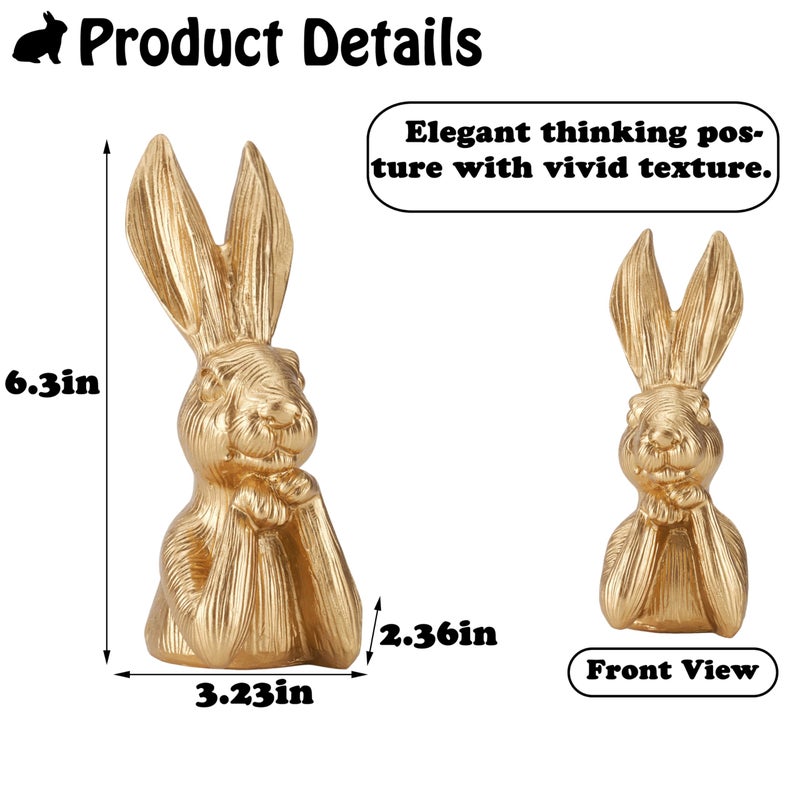 AOMOONOA Gold Bunny Statue, Resin Easter Bunny Figurine, Golden Rabbit Head Bust Sculpture, Thinking Bunnies Head Decor for Table Centerpiece, Indoor Spring Mantel Easter Decor, Gift - Image 2