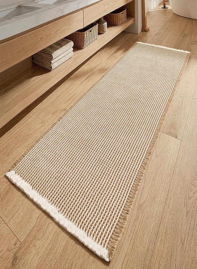 MIULEE Waffle Bathroom Runner Rugs, Super Absorbent Non Slip Bath Rug, Soft Quick Dry Washable Boho Large Beige Bath Mat with Tassels for Hallway Laundry Room Bedroom, 2'x6' (24"x72"), Brown & White - Image 1