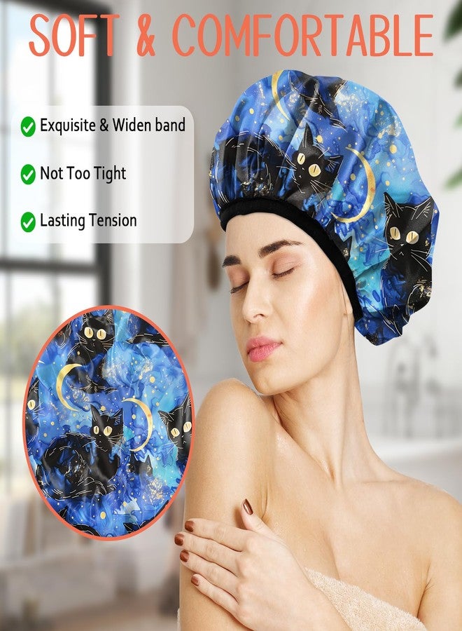 Cabreche Luxury Shower Cap Terry Lined Reusable Triple Layer Waterproof Hair Elastic Caps Shower Bath Hat for Women Girls Cute Aesthetic-Black Cat - Image 4