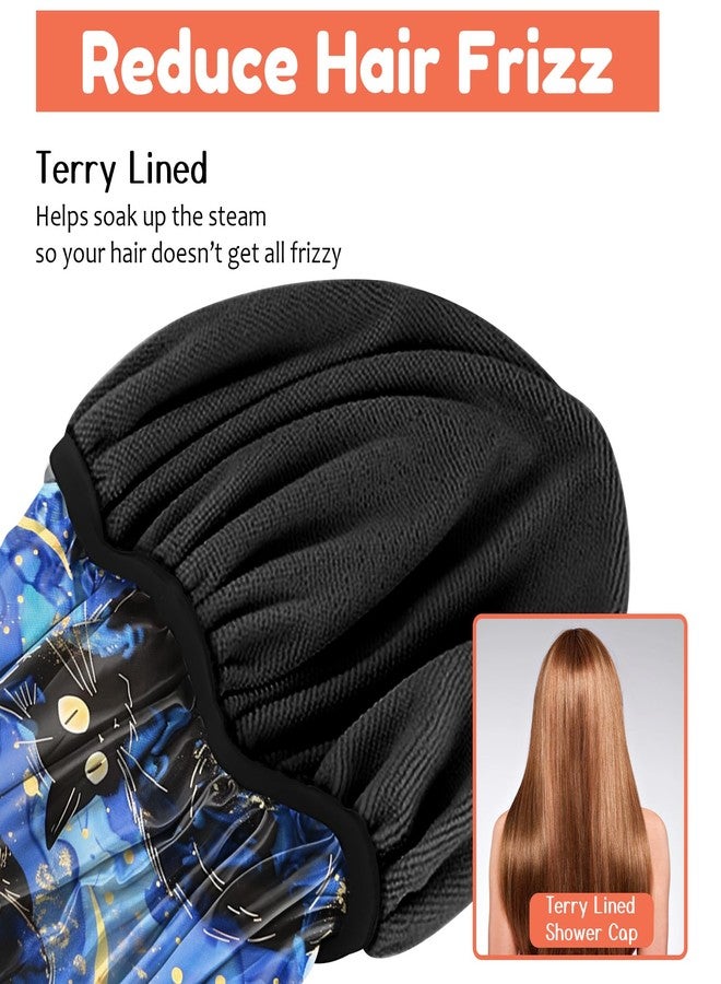 Cabreche Luxury Shower Cap Terry Lined Reusable Triple Layer Waterproof Hair Elastic Caps Shower Bath Hat for Women Girls Cute Aesthetic-Black Cat - Image 5