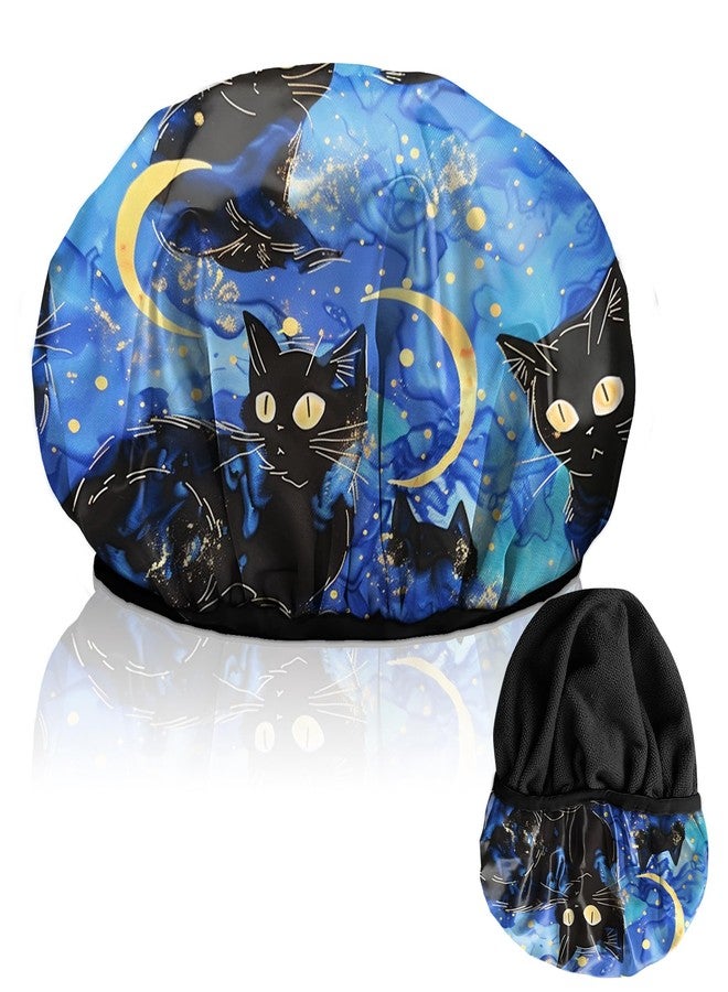 Cabreche Luxury Shower Cap Terry Lined Reusable Triple Layer Waterproof Hair Elastic Caps Shower Bath Hat for Women Girls Cute Aesthetic-Black Cat - Image 1