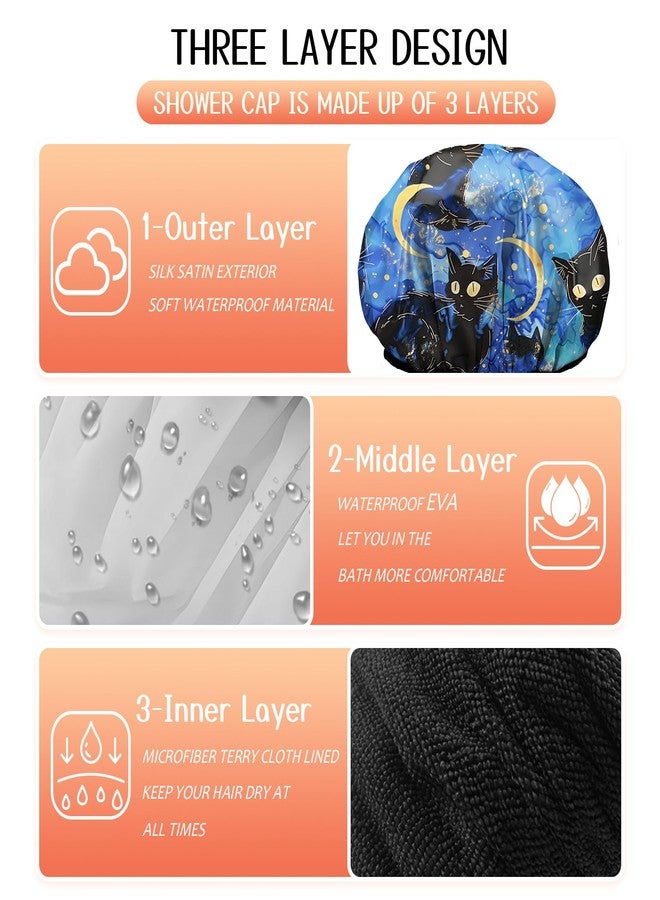 Cabreche Luxury Shower Cap Terry Lined Reusable Triple Layer Waterproof Hair Elastic Caps Shower Bath Hat for Women Girls Cute Aesthetic-Black Cat - Image 3