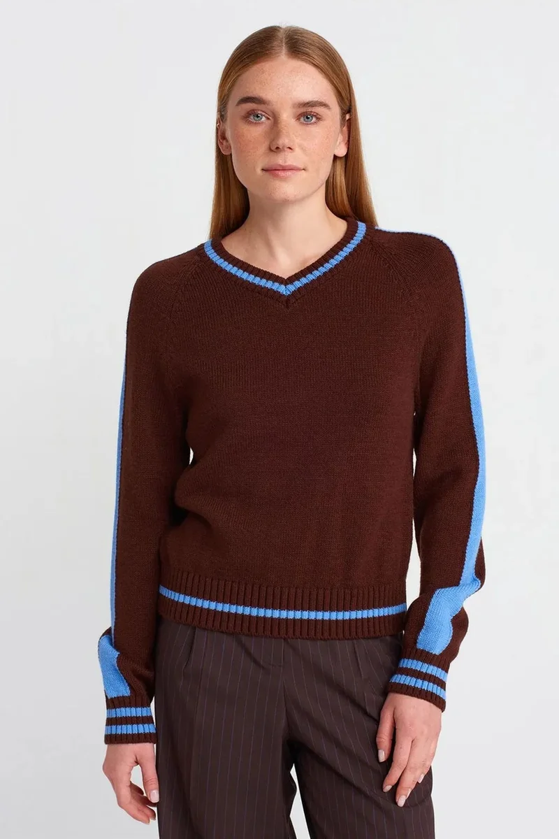 DILVIN Striped V-Neck Ribbed Knit Sweater