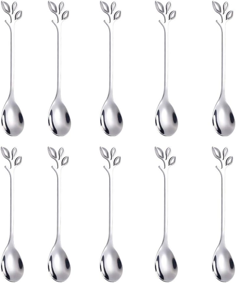 AnSaw Elegant Silver Leaf Coffee Spoons - 10-Piece, 4.7" Mini Stainless Steel Espresso & Dessert Tea Spoons, Perfect for Demitasse & Small Servings - Image 1