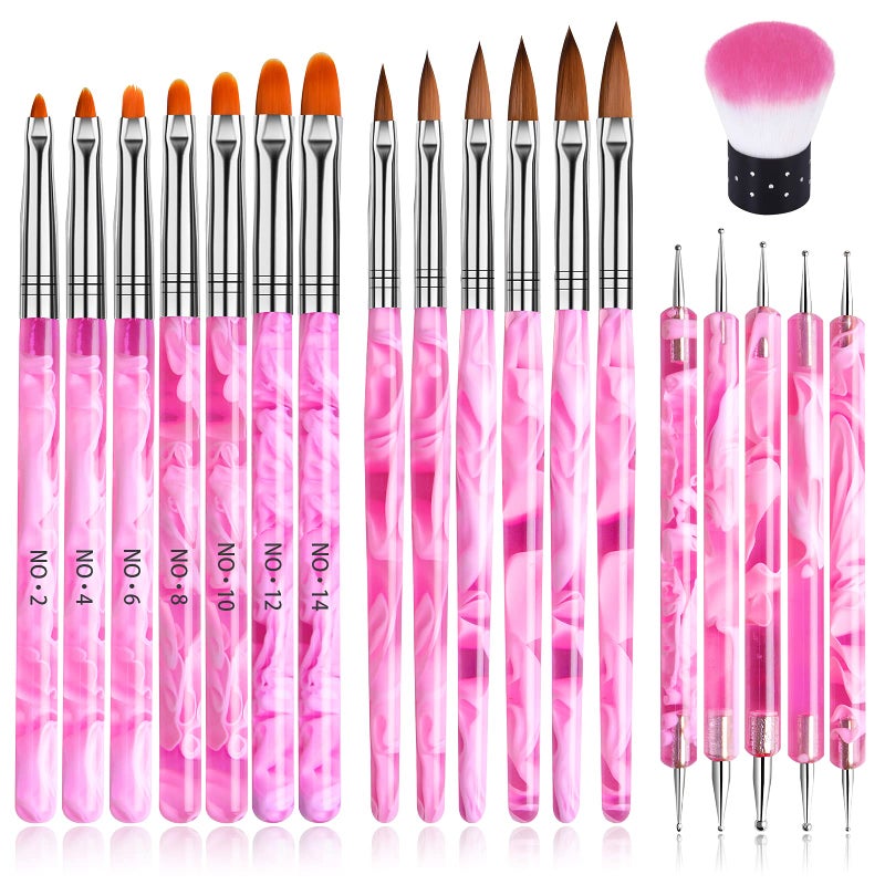 19 Pcs Pink Acrylic Nail Art Brush Set TOROKOM UV Gel Nail Brushes for Nail Art Tips Nail Polish Builder Brush Nail Painting Brush with Nail Dotting Tool Nail Art Dust Remover Brushes for Nail Salon