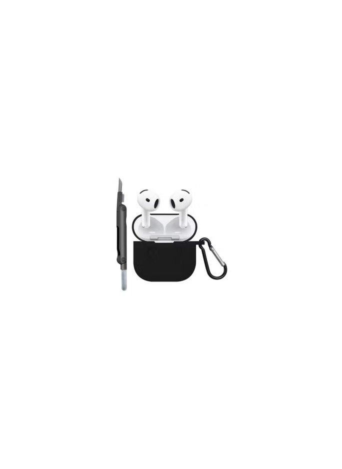 CATANES - ( for Apple Airpods 4 2024 ) Case with Cleaner Kit Shockproof Protective Soft Silicone Case Cover with Carabiner Keychain - Black Case Black Cleaner - Image 1