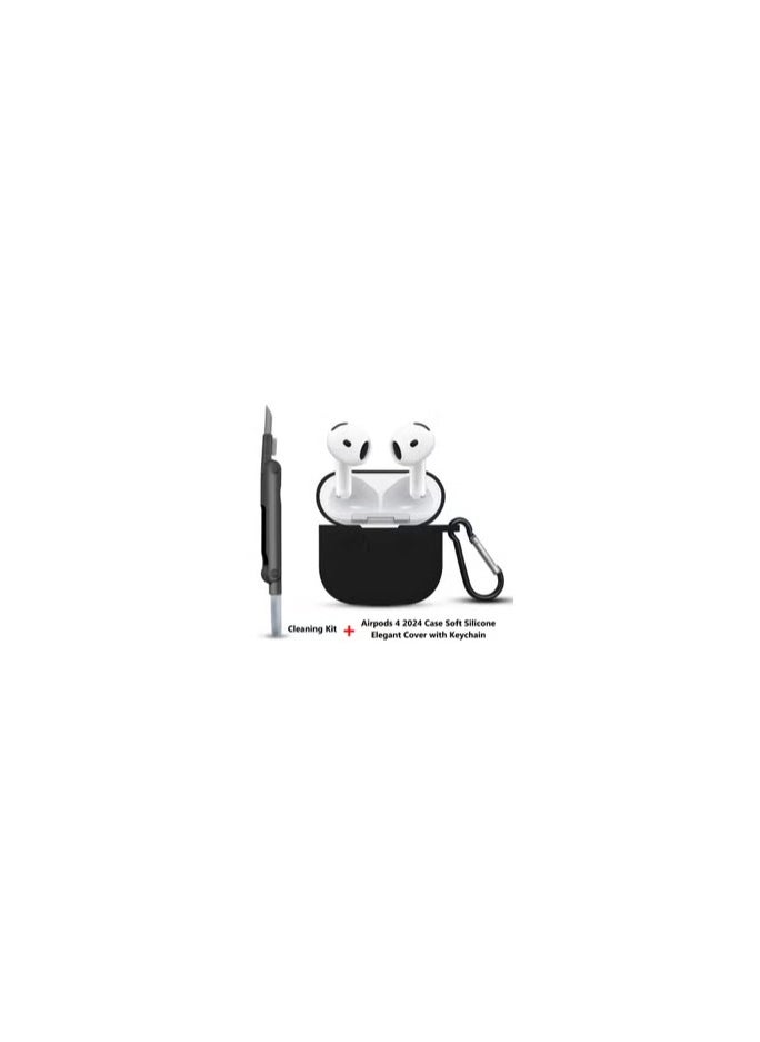 CATANES - ( for Apple Airpods 4 2024 ) Case with Cleaner Kit Shockproof Protective Soft Silicone Case Cover with Carabiner Keychain - Black Case Black Cleaner - Image 1