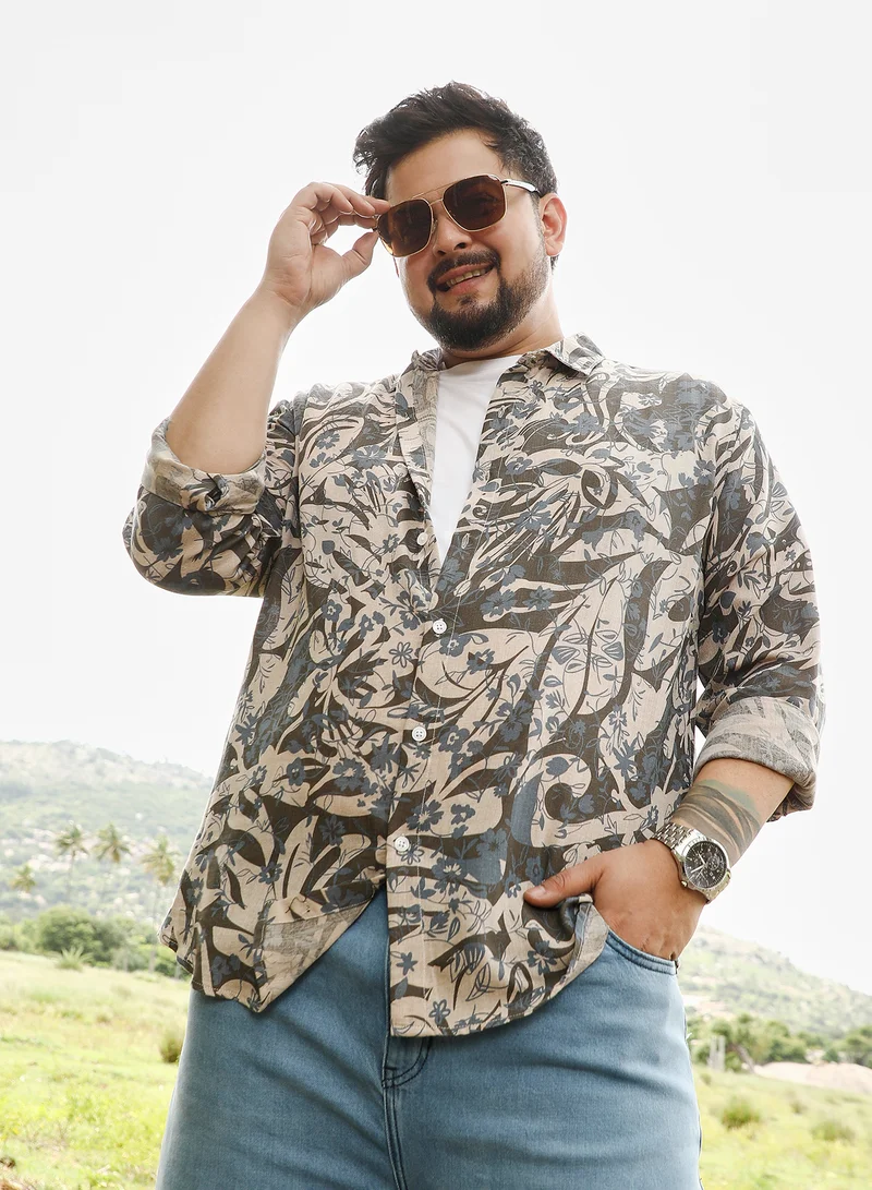 Instafab Plus Instafab Plus Men Floral-Block Jacquard Shirt | Spread Collar , Long Cuffed Sleeves | Button Closure , Curved Hem | Floral Print Jacquard | Woven Fabric For Casual & Daily Wear | Ash Grey