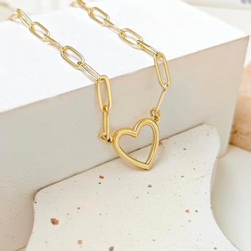 Zeffy Gold Necklace for Women 14K Plated Trendy Heart Pendant Paperclip Chain Gold Choker Dainty Love Charm Tiny Open Heart Chain Simple Delicate Jewelry Gifts for Women - Image 4