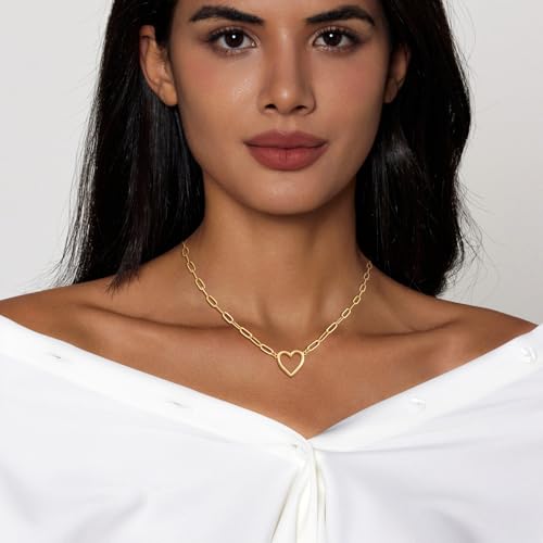 Zeffy Gold Necklace for Women 14K Plated Trendy Heart Pendant Paperclip Chain Gold Choker Dainty Love Charm Tiny Open Heart Chain Simple Delicate Jewelry Gifts for Women - Image 5