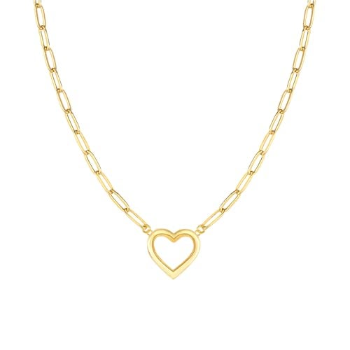 Zeffy Gold Necklace for Women 14K Plated Trendy Heart Pendant Paperclip Chain Gold Choker Dainty Love Charm Tiny Open Heart Chain Simple Delicate Jewelry Gifts for Women - Image 1