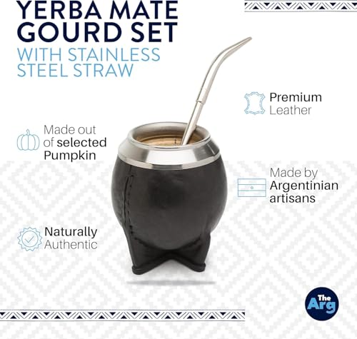 THEARG Yerba Mate Gourd Set with Stainless Steel Straw | Handmade Leather Yerba Mate Cup and Bombilla Set from Argentina - Beach Essentials - Idea for Gifts | Travel Cup Mate - Image 2