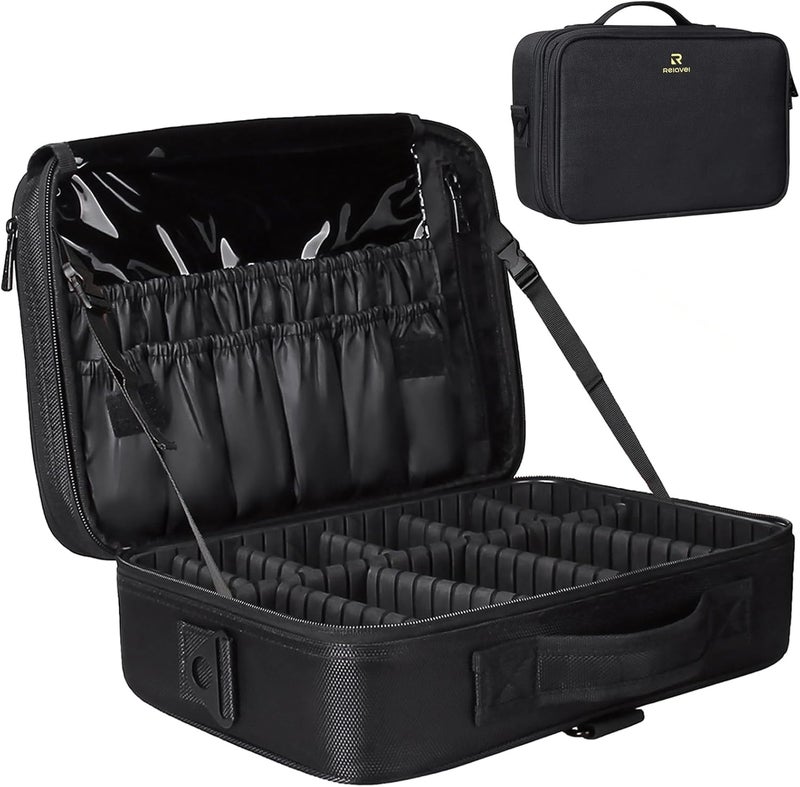 Relavel Travel Makeup Train Case Makeup Cosmetic Case Organizer Portable Artist Storage Bag with Adjustable Dividers for Cosmetics Makeup Brushes Toiletry (medium black)
