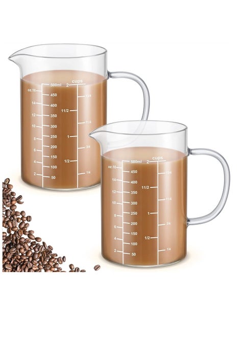 Glass Measuring Cup with Insulate Handle 2 Pack 500 ML V Shaped Spout High Borosilicate Three Scales OZ for Kitchen Restaurant Home Easy to Read