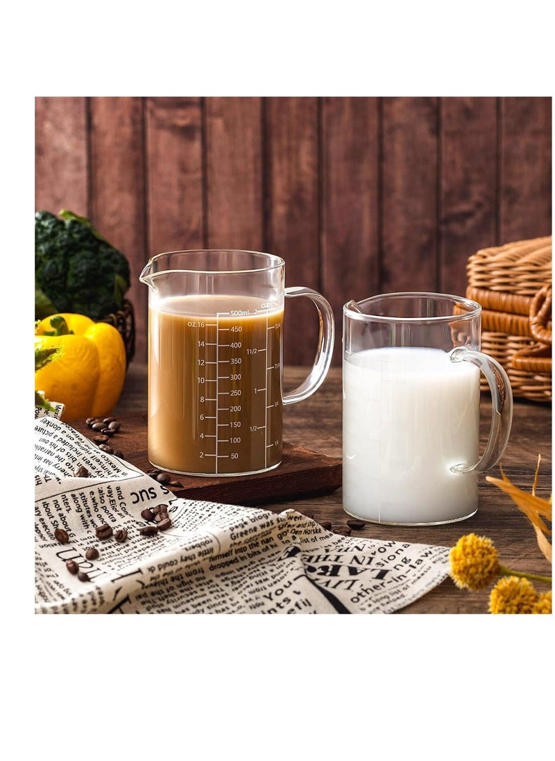 XiuWoo - Glass Measuring Cup with Insulate Handle 2 Pack 500 ML V Shaped Spout High Borosilicate Three Scales OZ for Kitchen Restaurant Home Easy to Read - Image 1