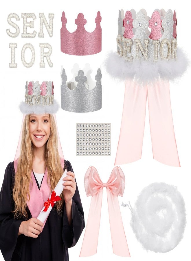 Suncalla Graduation Senior Crown Craft Kit, Make Your Own Pink Sliver Crown Hats with Rhinestone Stickers White Feather Strip Pink Bow Clip DIY Set for Class of 2026 Celebrations Grad Party Supplies - Image 1
