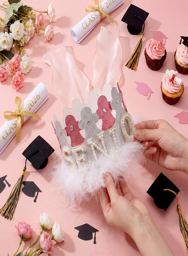 Suncalla Graduation Senior Crown Craft Kit, Make Your Own Pink Sliver Crown Hats with Rhinestone Stickers White Feather Strip Pink Bow Clip DIY Set for Class of 2026 Celebrations Grad Party Supplies - Image 4