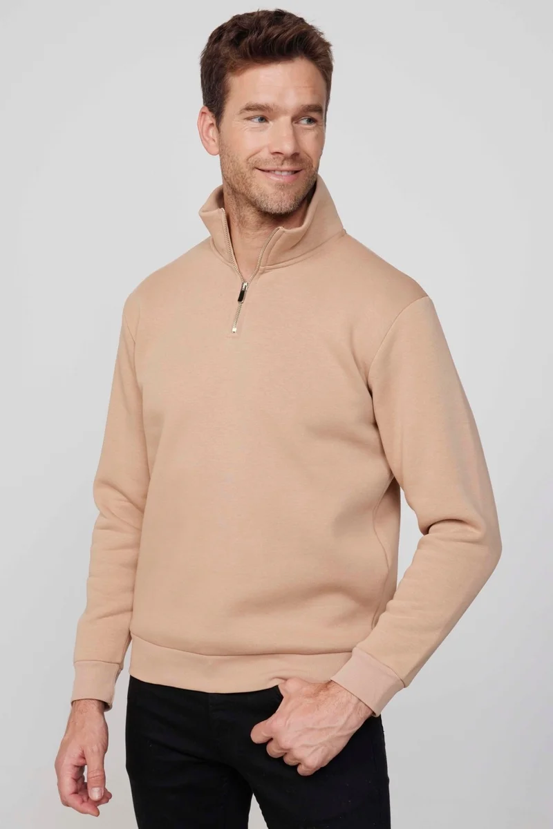 Tudors Cotton Stand Collar Zippered Stone Unisex Sweatshirt