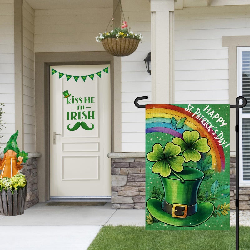 Agroon Happy St Patricks Day Garden Flag 12x18 Inch, Green Hat with Four-leaf Clover Double Sided Flag for Yard Outdoor Decoration - Image 5