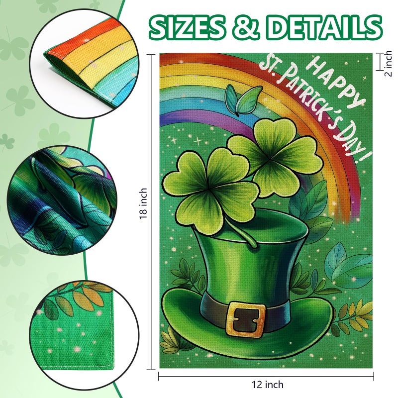 Agroon Happy St Patricks Day Garden Flag 12x18 Inch, Green Hat with Four-leaf Clover Double Sided Flag for Yard Outdoor Decoration - Image 2