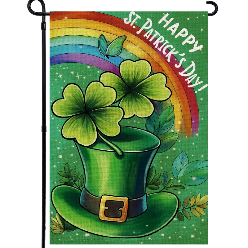 Agroon Happy St Patricks Day Garden Flag 12x18 Inch, Green Hat with Four-leaf Clover Double Sided Flag for Yard Outdoor Decoration - Image 1
