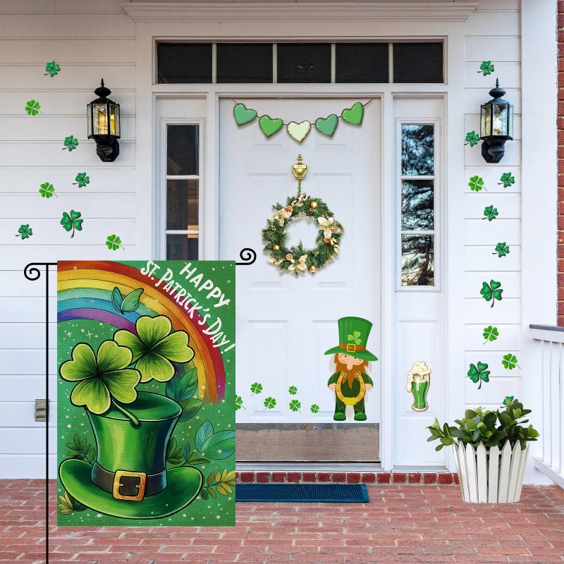 Agroon Happy St Patricks Day Garden Flag 12x18 Inch, Green Hat with Four-leaf Clover Double Sided Flag for Yard Outdoor Decoration - Image 4