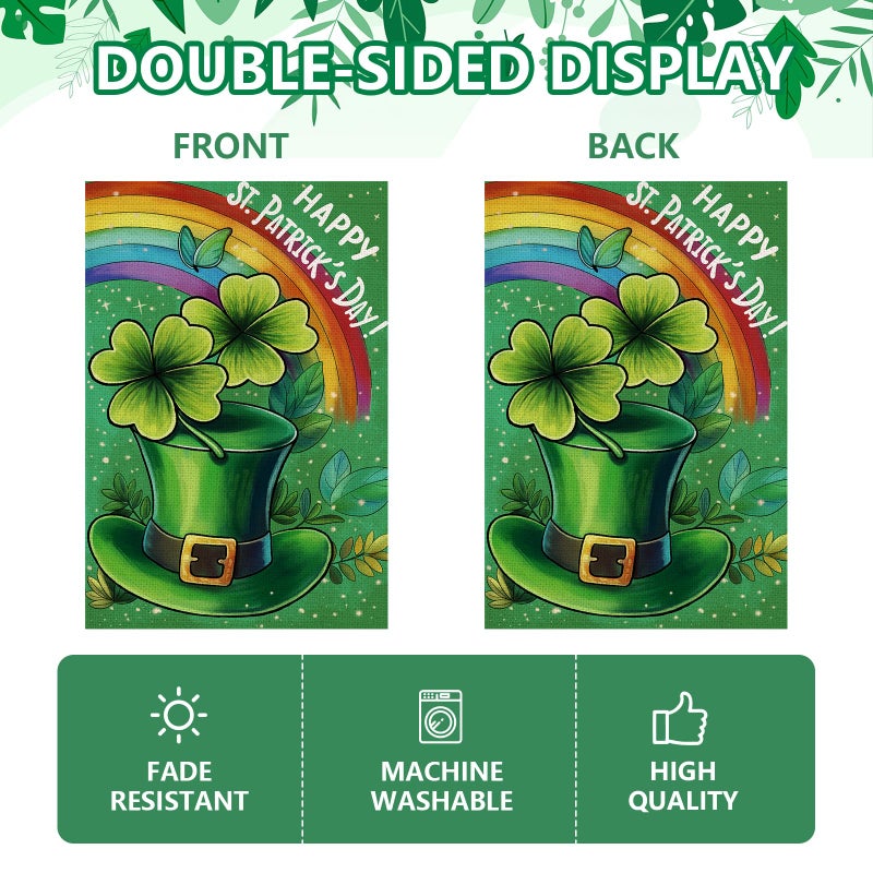 Agroon Happy St Patricks Day Garden Flag 12x18 Inch, Green Hat with Four-leaf Clover Double Sided Flag for Yard Outdoor Decoration - Image 3