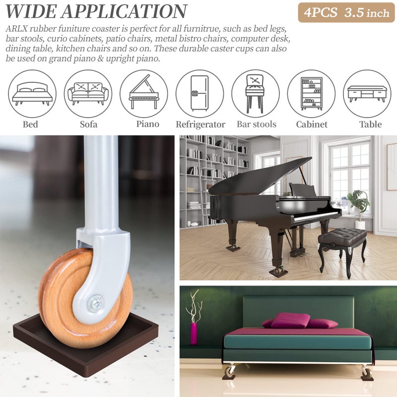ARLX Furniture Coasters Caster Cups Rubber 3.5 Inch Square No Slip Pads Hardwood Floors Protectors-For Furniture Legs Sofa Bed Piano Chair Feet Prevent Sliding Stoppers (4 Brown Square 3.5 Inch) - Image 3