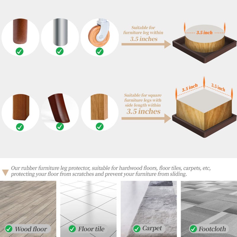 ARLX Furniture Coasters Caster Cups Rubber 3.5 Inch Square No Slip Pads Hardwood Floors Protectors-For Furniture Legs Sofa Bed Piano Chair Feet Prevent Sliding Stoppers (4 Brown Square 3.5 Inch) - Image 4