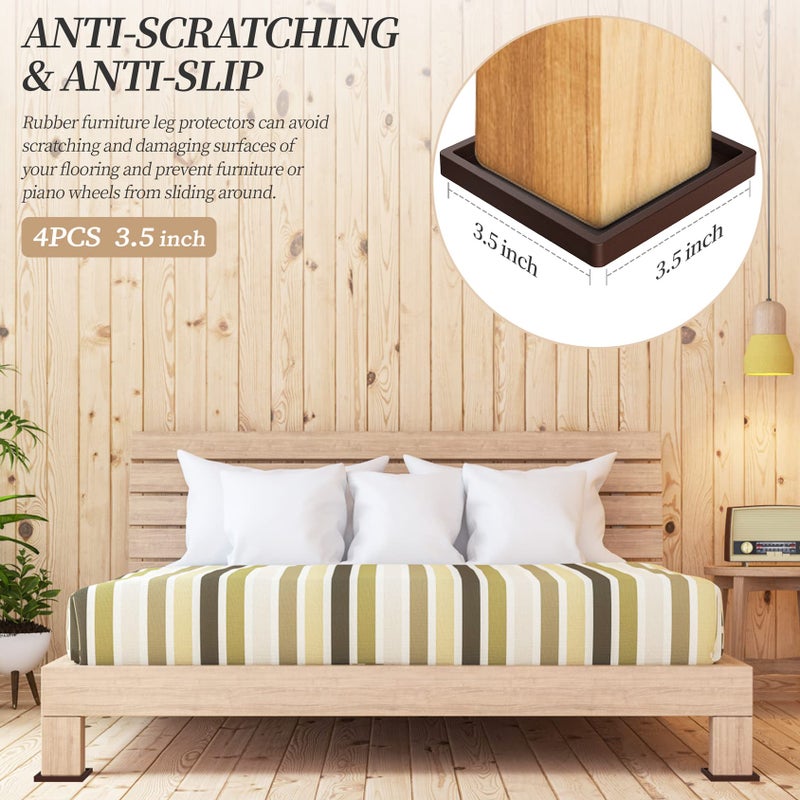 ARLX Furniture Coasters Caster Cups Rubber 3.5 Inch Square No Slip Pads Hardwood Floors Protectors-For Furniture Legs Sofa Bed Piano Chair Feet Prevent Sliding Stoppers (4 Brown Square 3.5 Inch) - Image 2