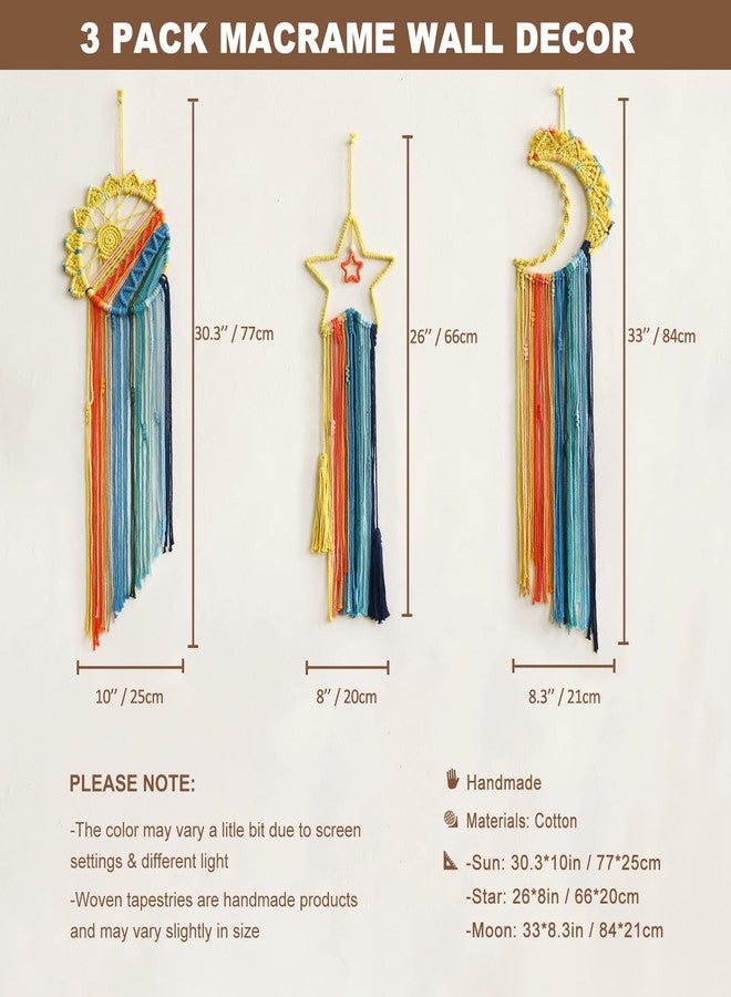 Artilady 3 Pack Macrame Hanging Tapestry Wall Art Set Boho Woven Tapestries Sun Moon Star Large Dream Catcher Coloful Wall Decor Bedroom Aesthetic Living Room Decor - Image 4