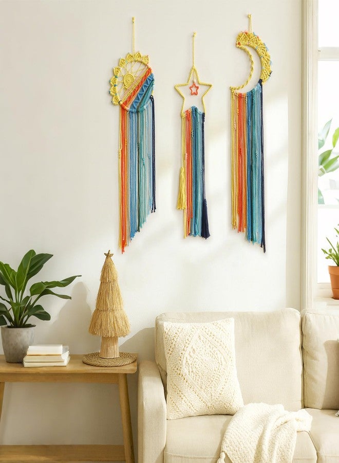 Artilady 3 Pack Macrame Hanging Tapestry Wall Art Set Boho Woven Tapestries Sun Moon Star Large Dream Catcher Coloful Wall Decor Bedroom Aesthetic Living Room Decor - Image 2