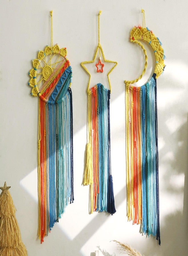 Artilady 3 Pack Macrame Hanging Tapestry Wall Art Set Boho Woven Tapestries Sun Moon Star Large Dream Catcher Coloful Wall Decor Bedroom Aesthetic Living Room Decor - Image 1