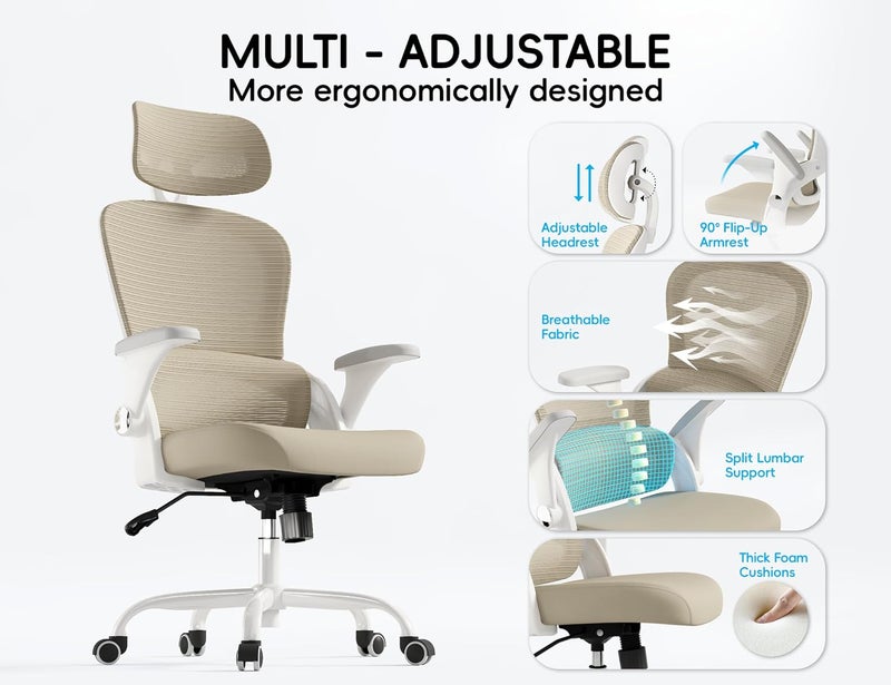 TRALT Office Chair - Ergonomic Office Chair with Back Support, Computer Chair - Home Office Desk Chairs, 330lbs Wide Seat Big and Tall Office Chairs with Headrest, Comfy Desk Chairs (Beige) - Image 5