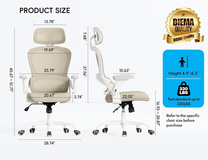 TRALT Office Chair - Ergonomic Office Chair with Back Support, Computer Chair - Home Office Desk Chairs, 330lbs Wide Seat Big and Tall Office Chairs with Headrest, Comfy Desk Chairs (Beige) - Image 2