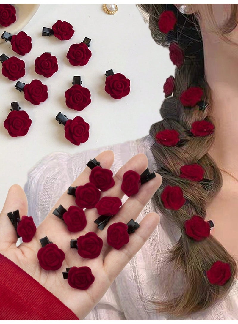 ام اس كيو طقم مشابك شعر ورد حمراء 12 قطعة، مشابك شعر ورد صغيرة بتصميم وردة مفردة وثلاثية، اكسسوارات شعر للنساء لتسريحات الغرة والمناسبات الخفيفة - Image 4