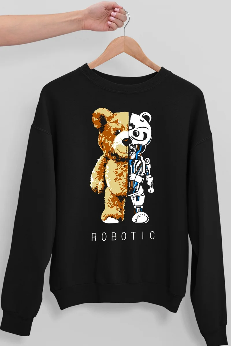 Rock&Roll Robot Bear Black Crew Neck Thick Men's Sweatshirt