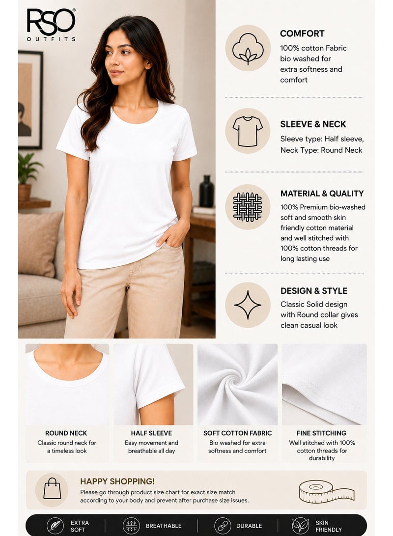 RSO Outfits Regular Fit Solid Cotton Half Sleeves Round Neck Women's T-Shirt White - Image 5