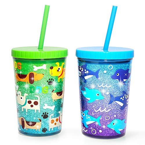 Home Tune 14oz Kids Tumbler Water Drinking Cup 2 Pack  BPA Free Straw Lid Cup Reusable Lightweight SpillProof Water Bottle with Cute Design for Girls  Boys  Shark  Dog